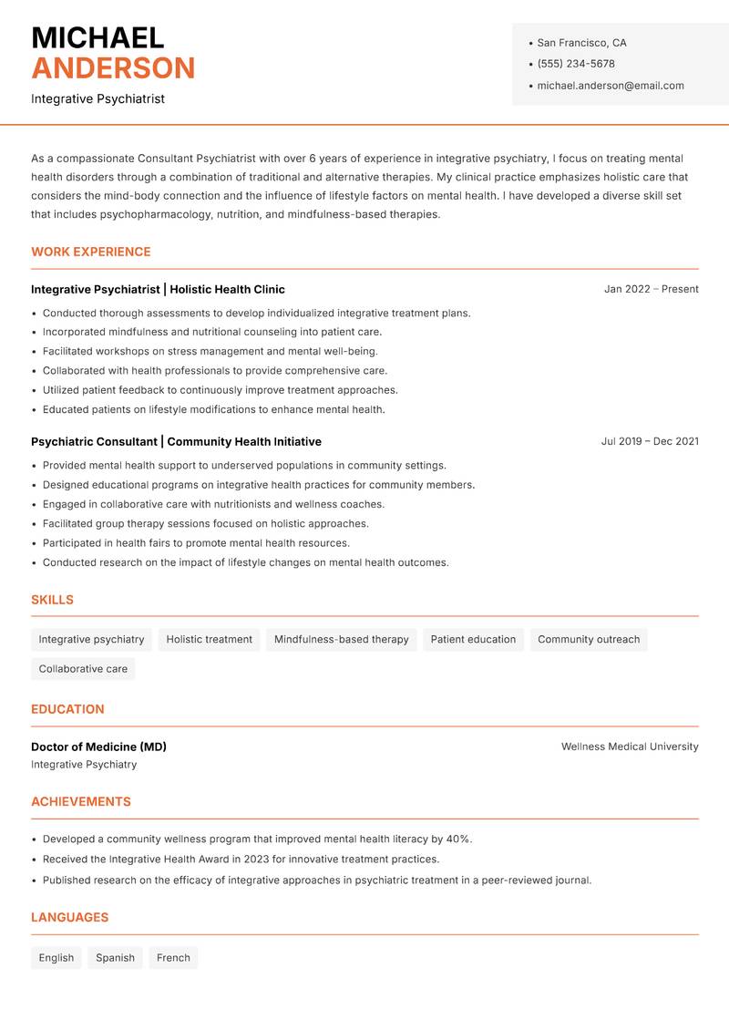 Consultant Psychiatrist resume sample — Integrative Psychiatrist focus