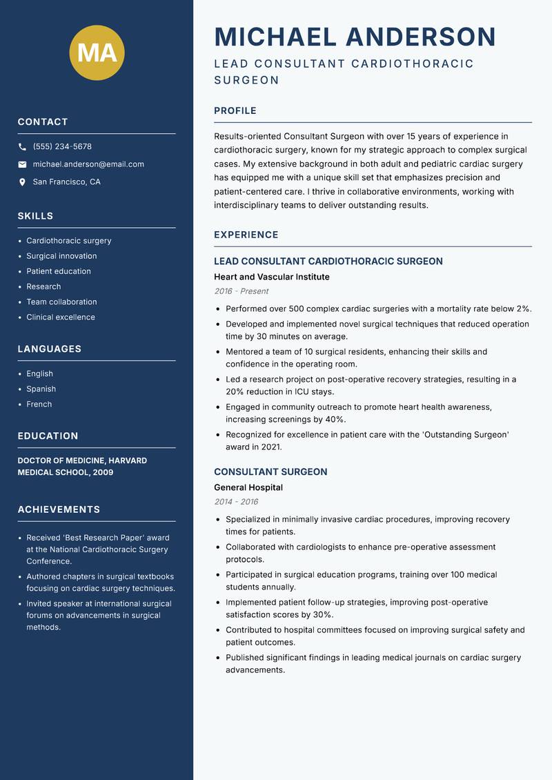 Consultant Surgeon resume sample — Lead Consultant Cardiothoracic Surgeon focus