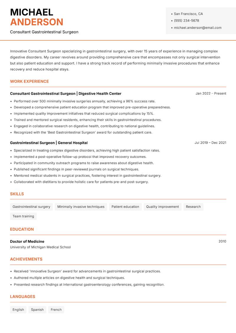 Consultant Surgeon resume sample — Consultant Gastrointestinal Surgeon focus