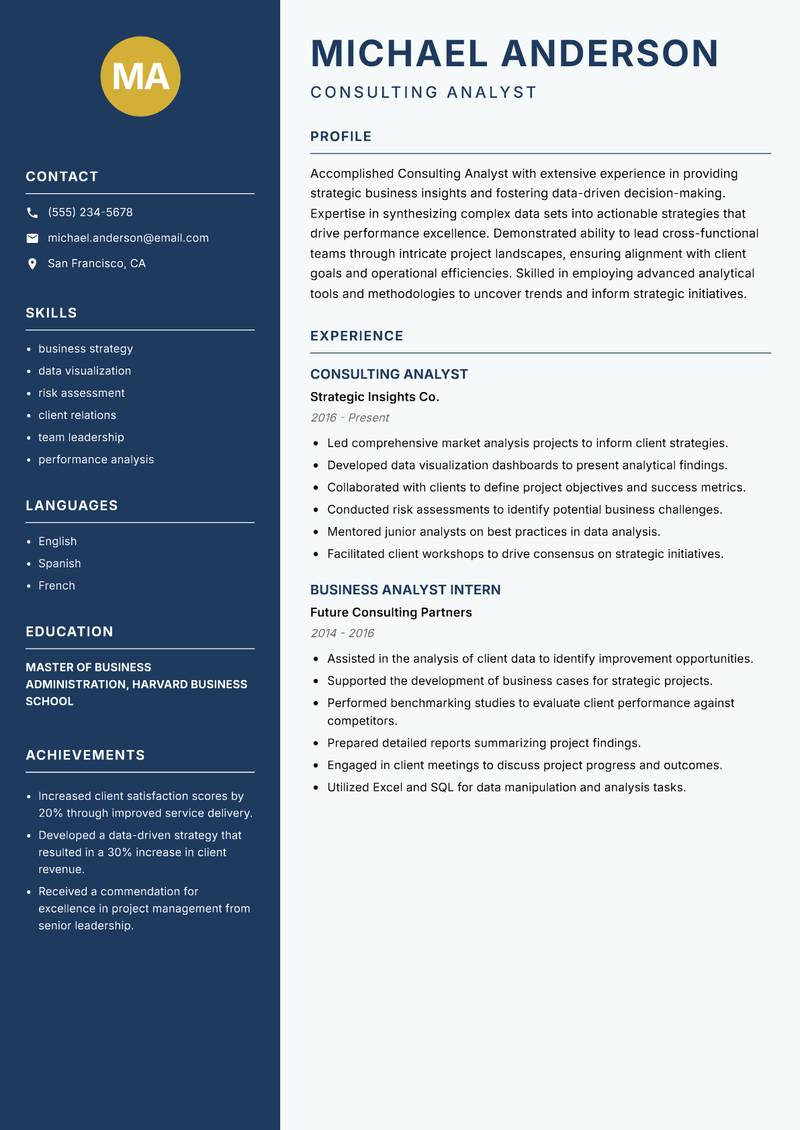 Consulting Analyst resume sample — Consulting Analyst focus
