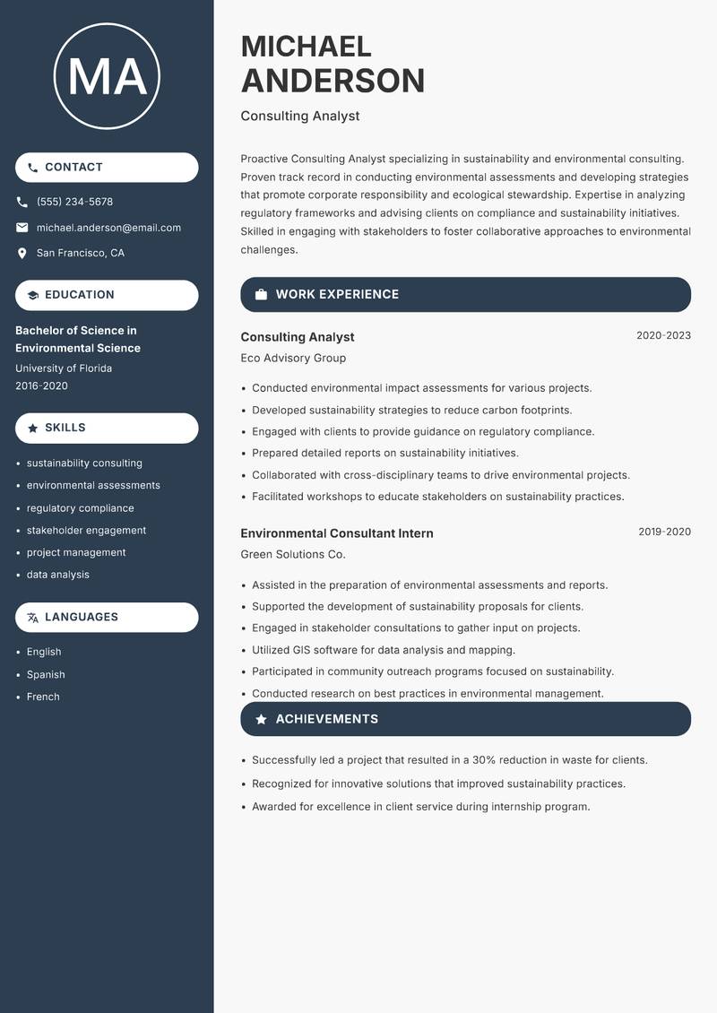 Consulting Analyst resume sample — Consulting Analyst focus