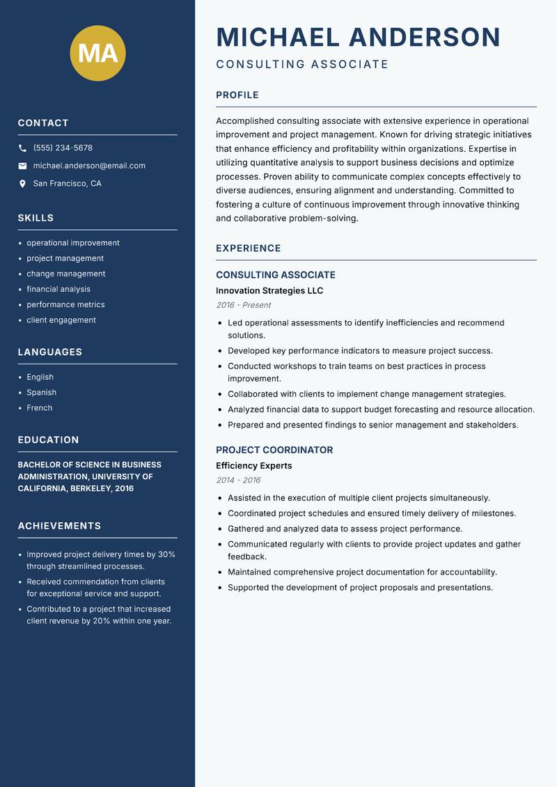 Consulting Associate resume sample — Consulting Associate focus