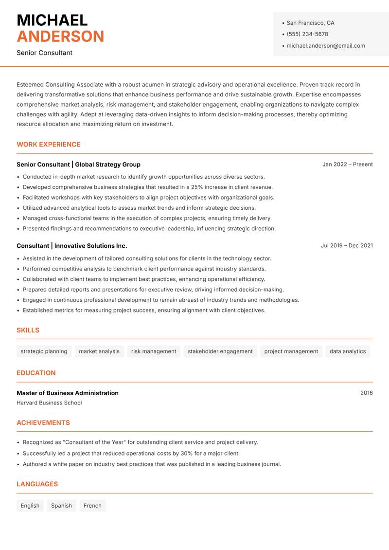 Consulting Associate resume sample — Senior Consultant focus