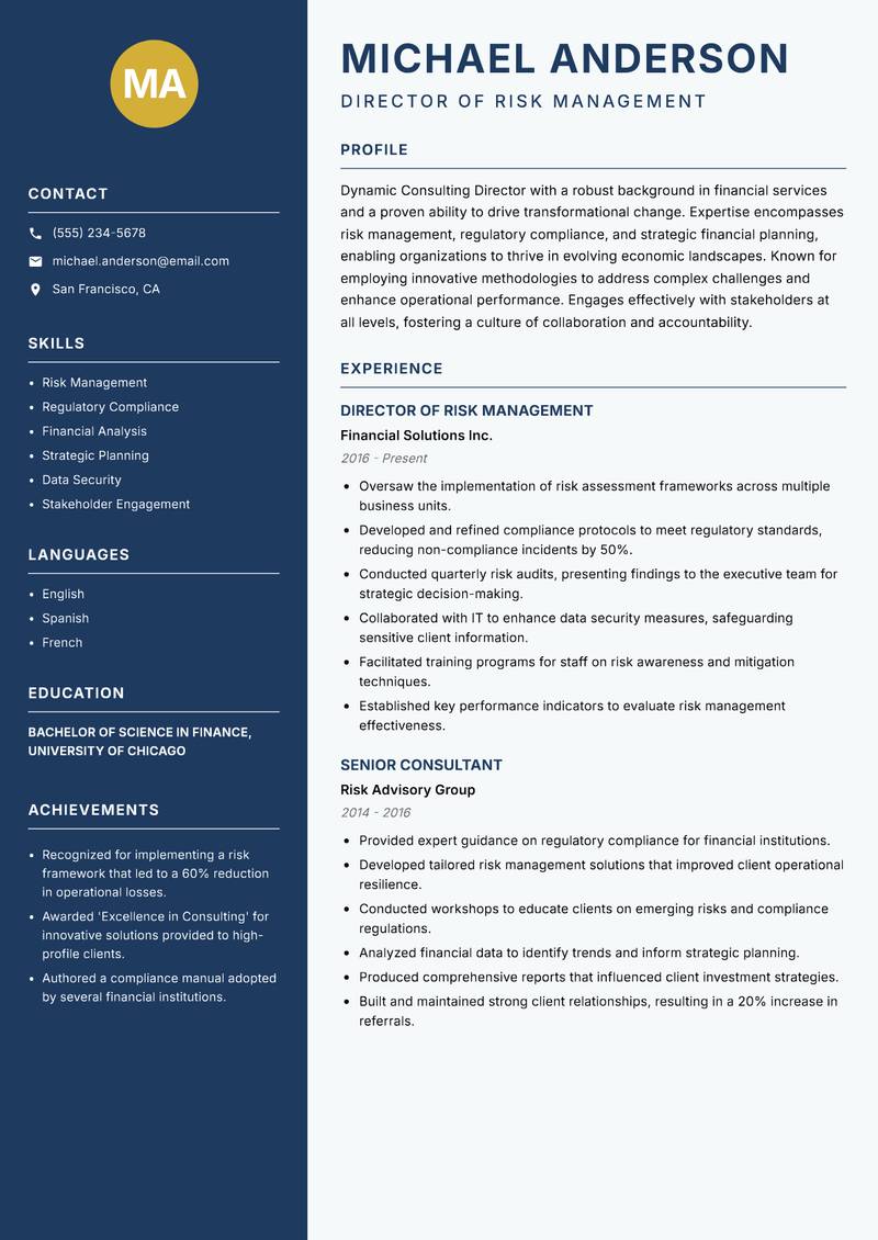 Consulting Director resume sample — Director of Risk Management focus