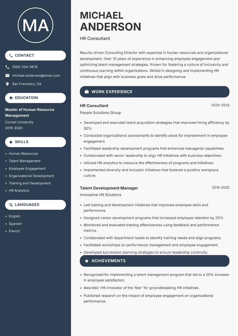 Consulting Director resume sample — HR Consultant focus