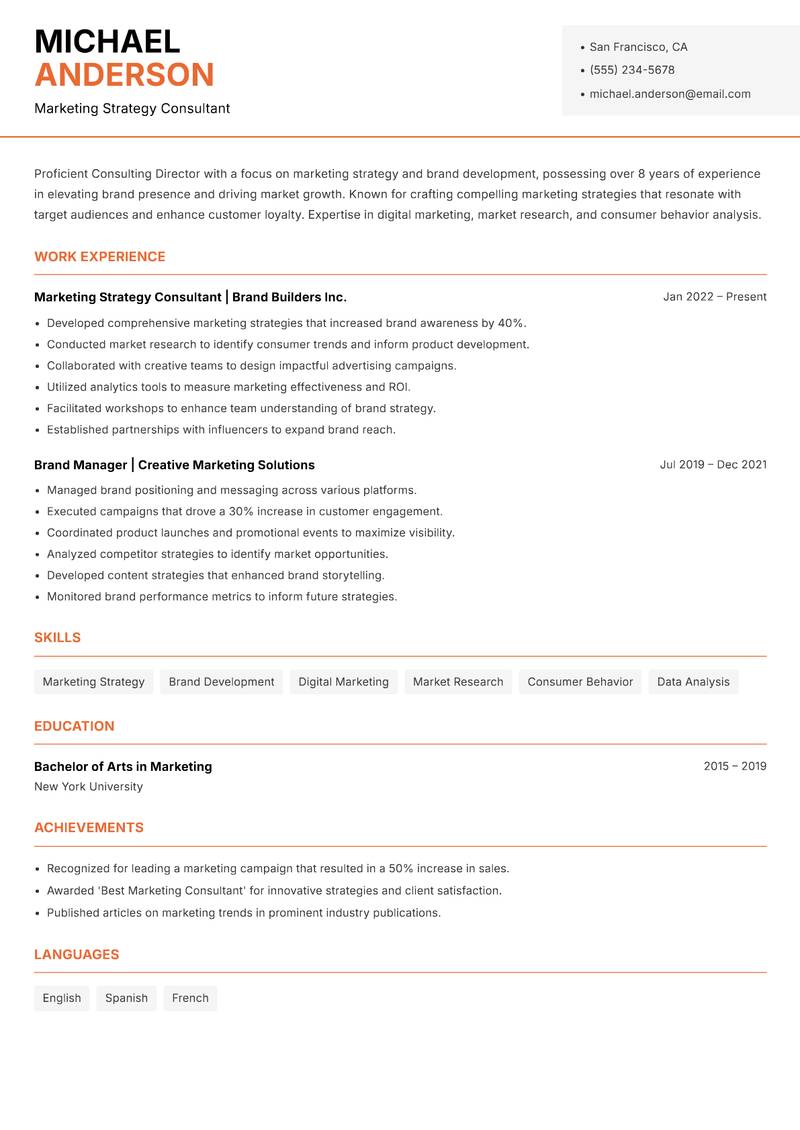 Consulting Director resume sample — Marketing Strategy Consultant focus