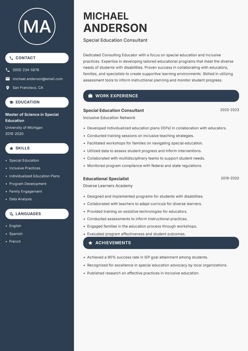 Consulting Educator resume sample — Special Education Consultant focus