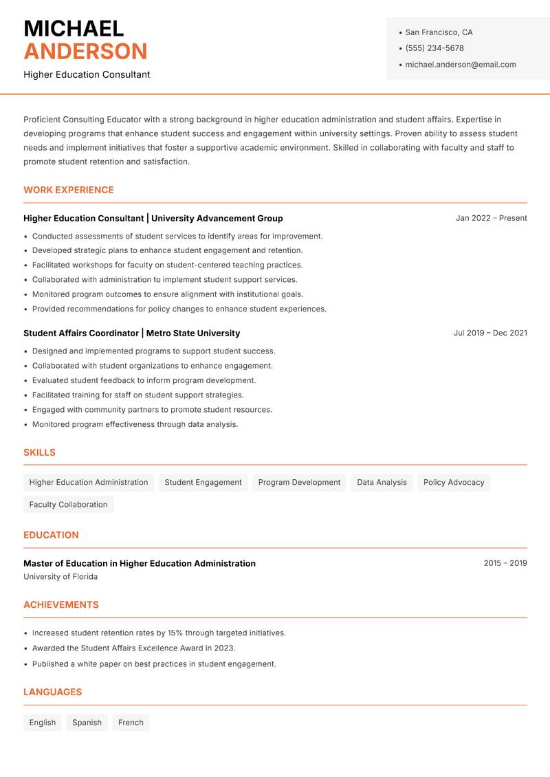 Consulting Educator resume sample — Higher Education Consultant focus