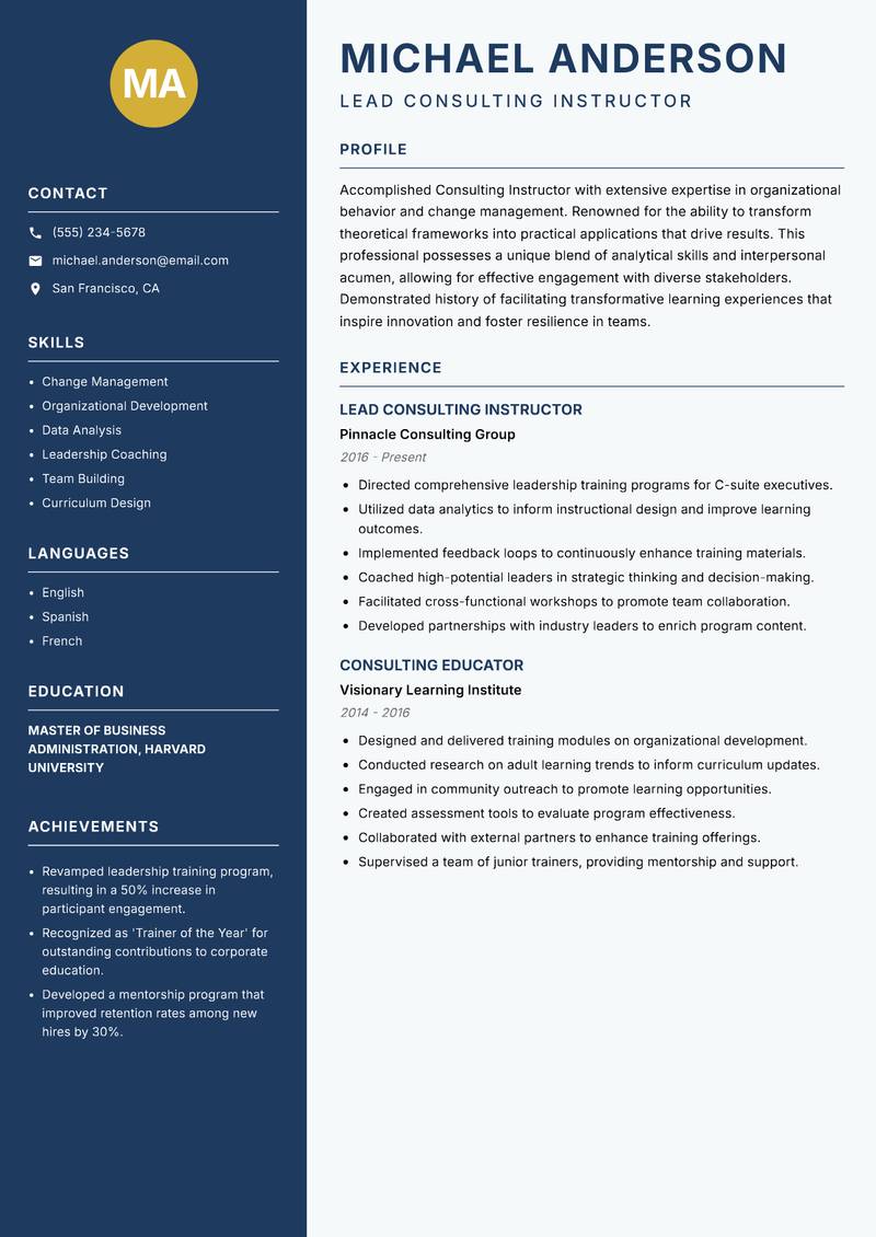 Consulting Instructor resume sample — Lead Consulting Instructor focus