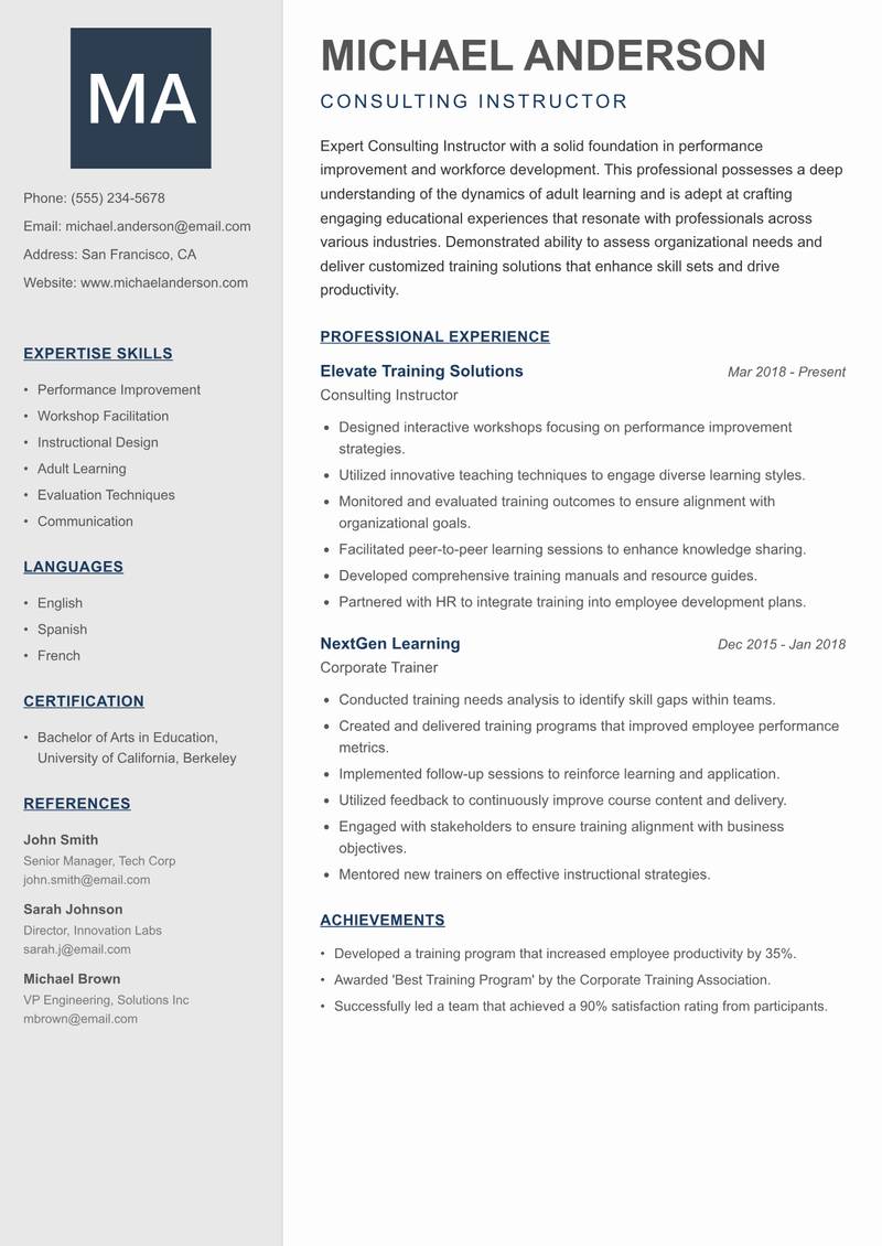 Consulting Instructor resume sample — Consulting Instructor focus