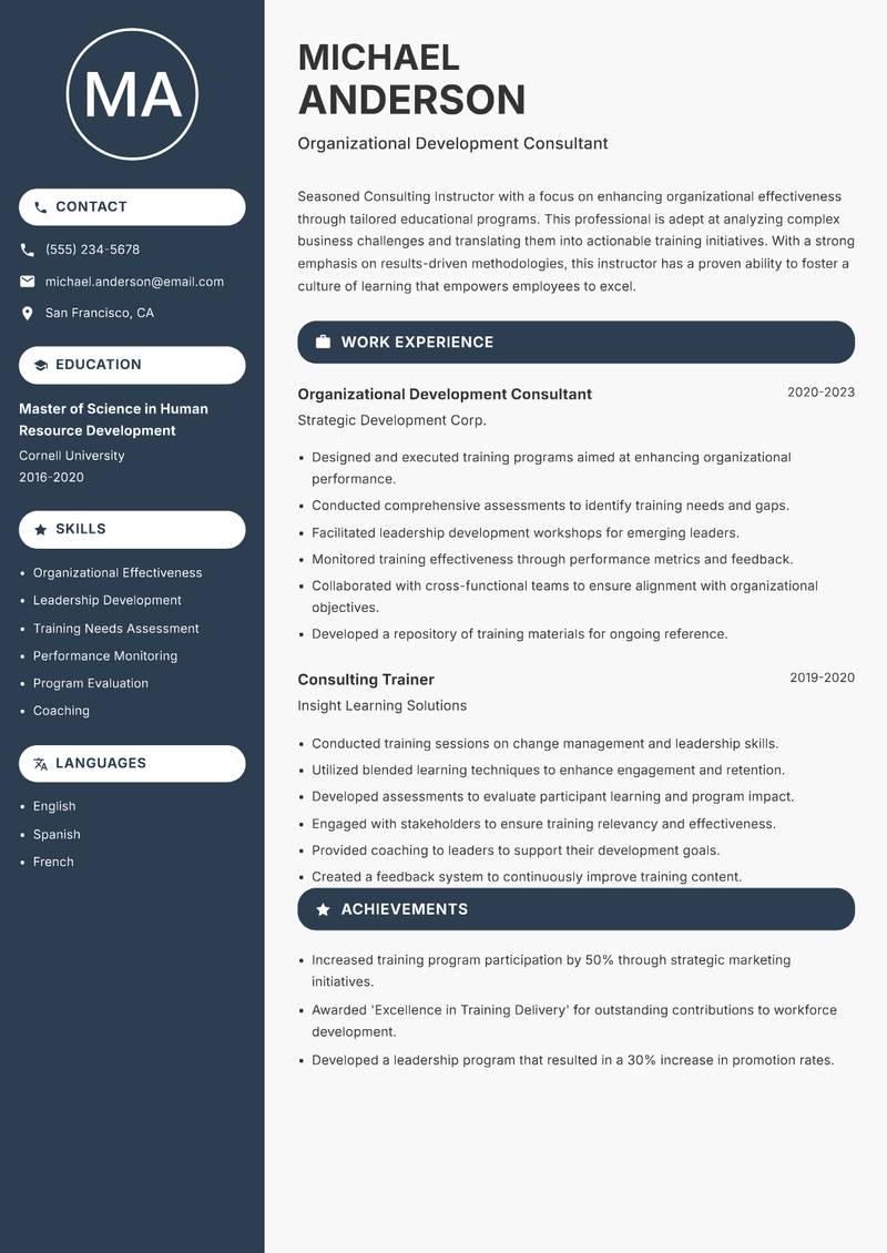 Consulting Instructor resume sample — Organizational Development Consultant focus