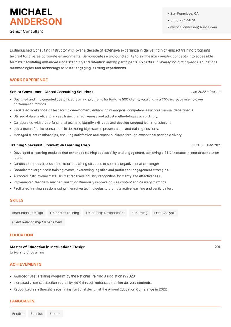 Consulting Instructor resume sample — Senior Consultant focus