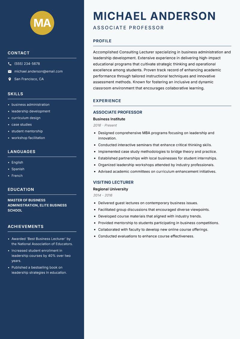 Consulting Lecturer resume sample — Associate Professor focus