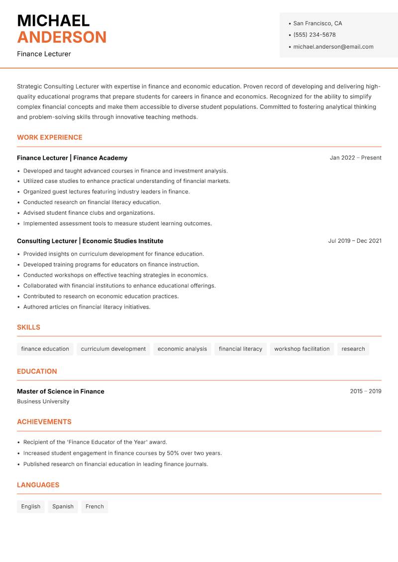 Consulting Lecturer resume sample — Finance Lecturer focus