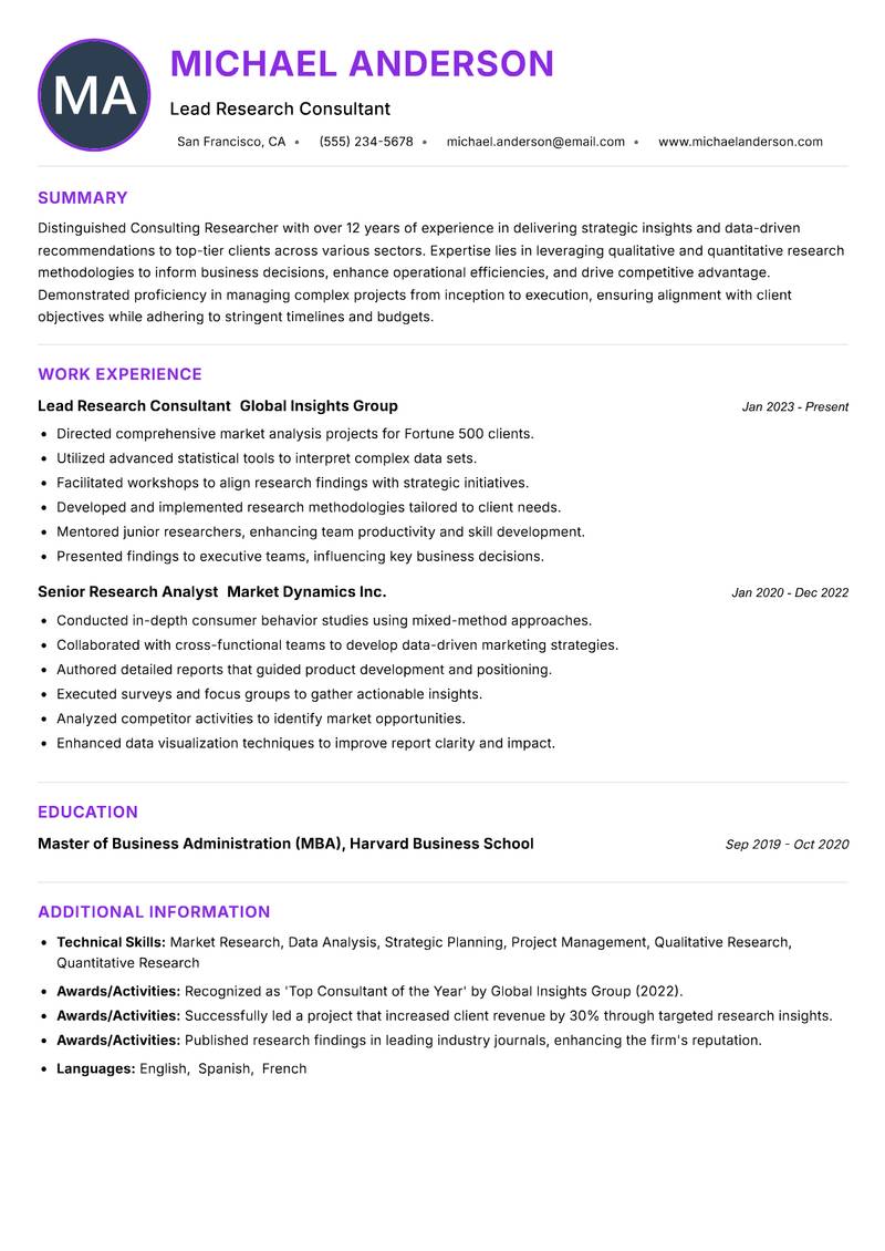Consulting Researcher resume example
