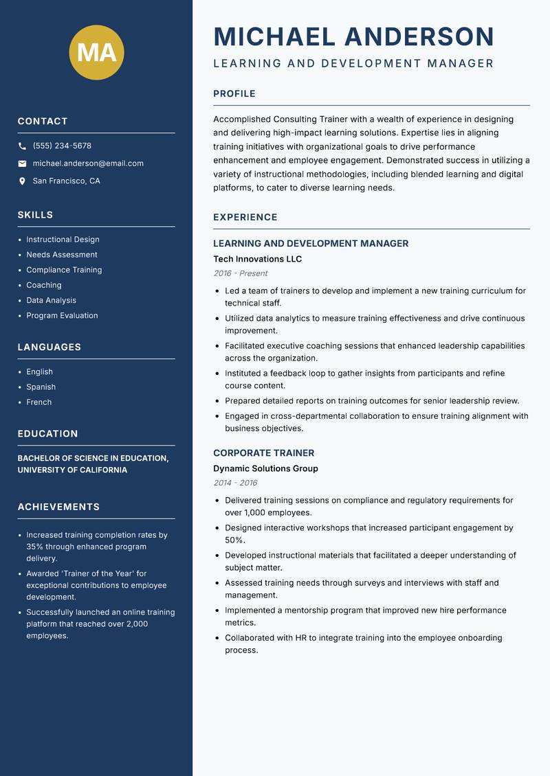 Consulting Trainer resume sample — Learning and Development Manager focus