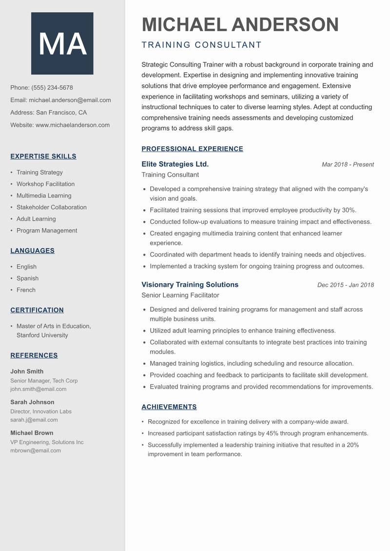 Consulting Trainer resume sample — Training Consultant focus