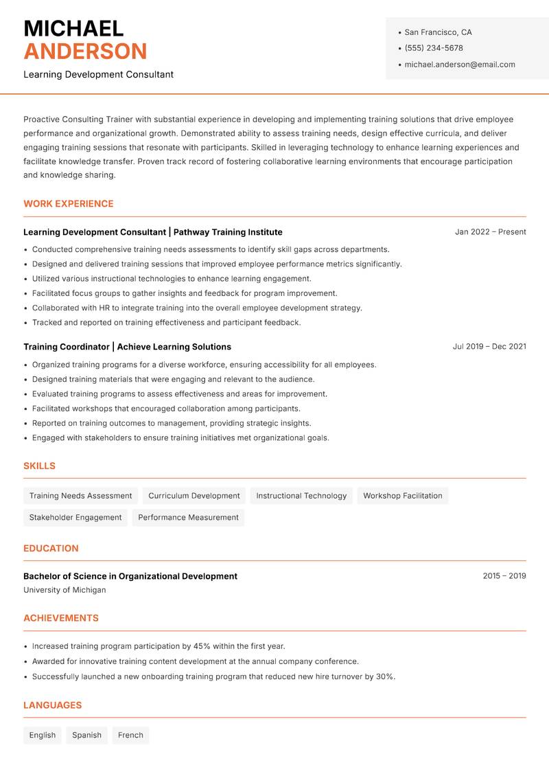 Consulting Trainer resume sample — Learning Development Consultant focus