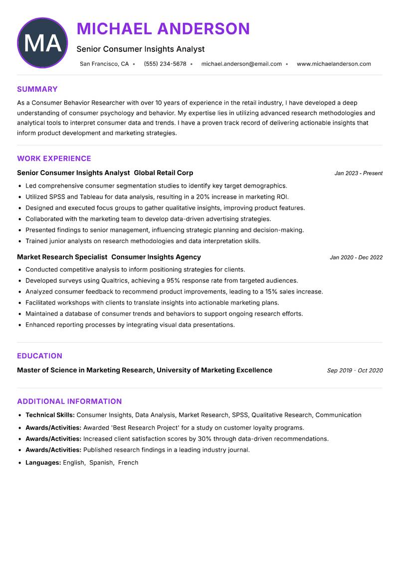 Consumer Behavior Researcher resume example