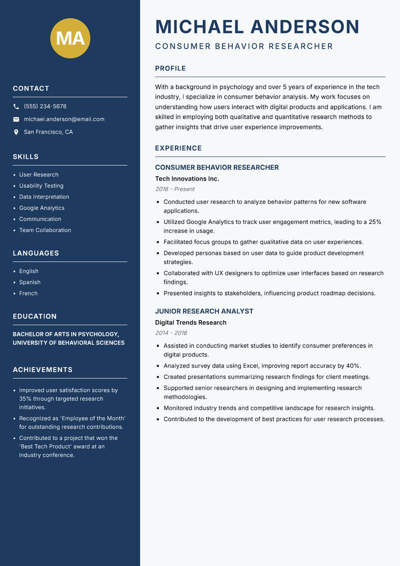 Consumer Behavior Researcher resume sample — Consumer Behavior Researcher focus