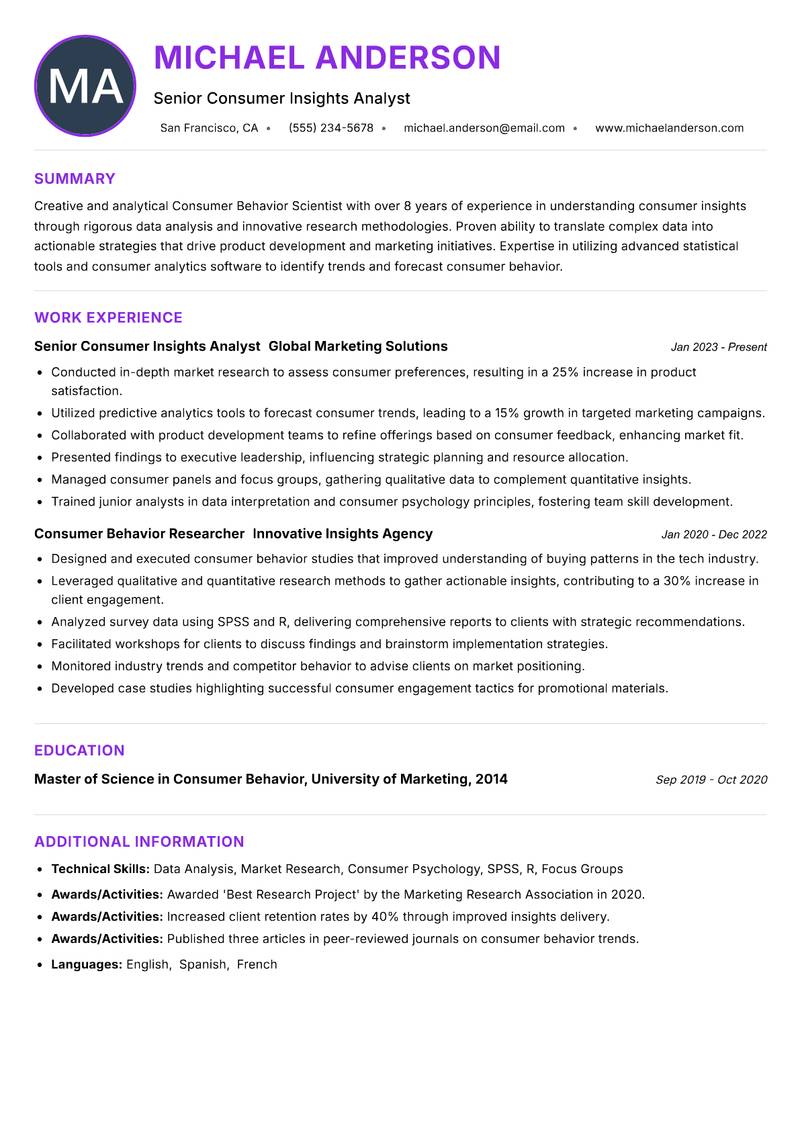 Consumer Behavior Scientist resume example