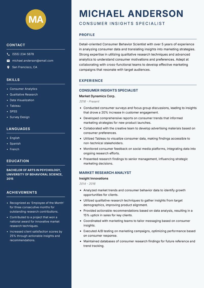 Consumer Behavior Scientist resume sample — Consumer Insights Specialist focus