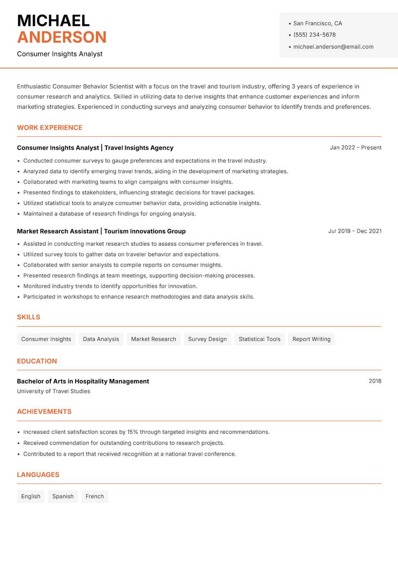 Consumer Behavior Scientist resume sample — Consumer Insights Analyst focus