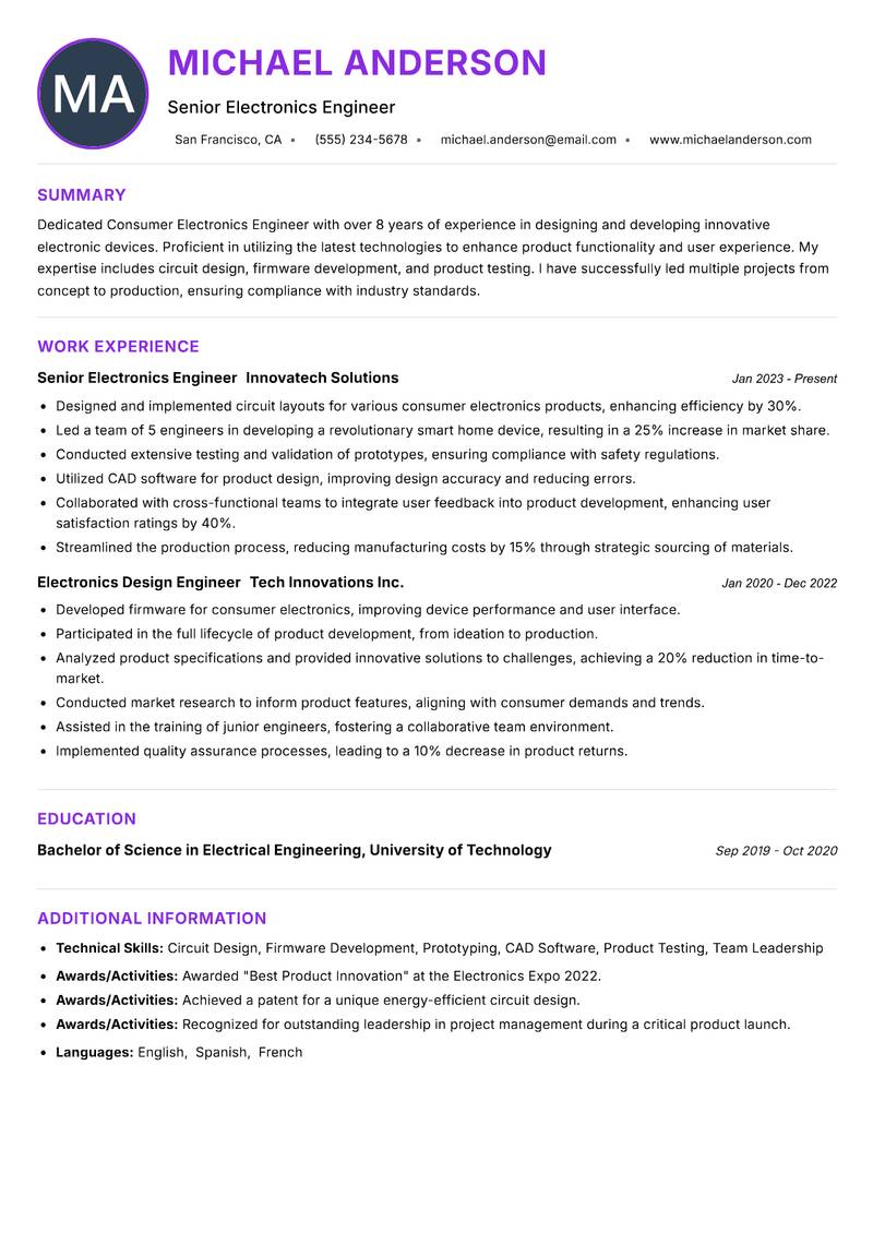 Consumer Electronics Engineer resume example