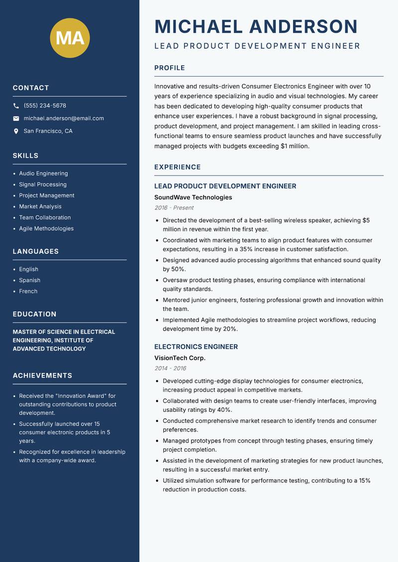 Consumer Electronics Engineer resume sample — Lead Product Development Engineer focus