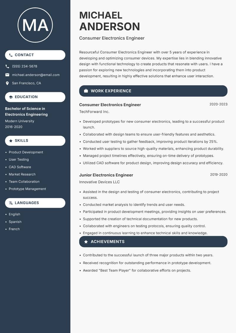 Consumer Electronics Engineer resume sample — Consumer Electronics Engineer focus
