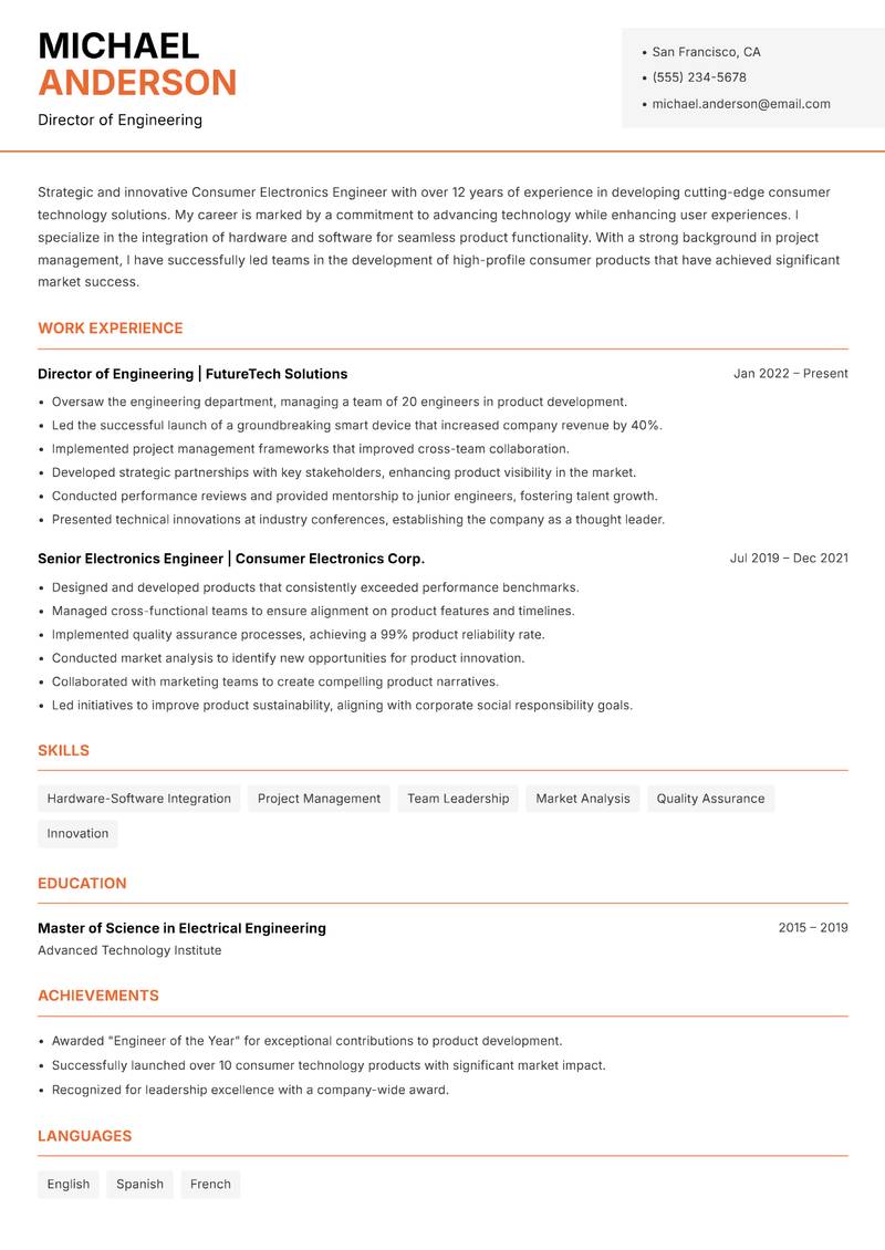 Consumer Electronics Engineer resume sample — Director of Engineering focus