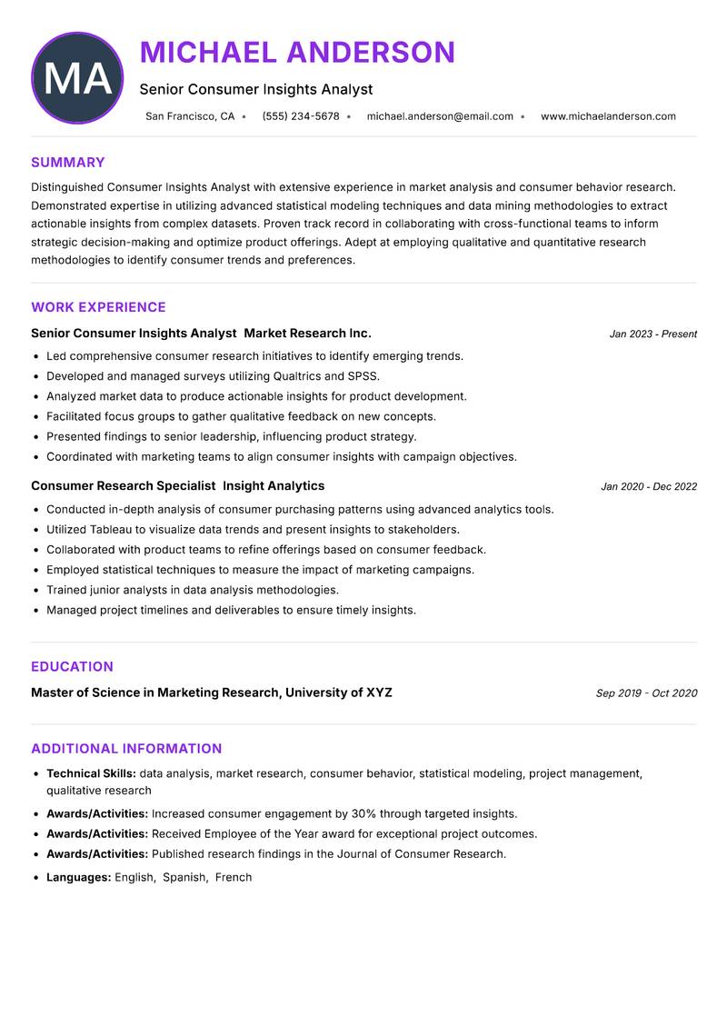Consumer Insights Analyst resume example