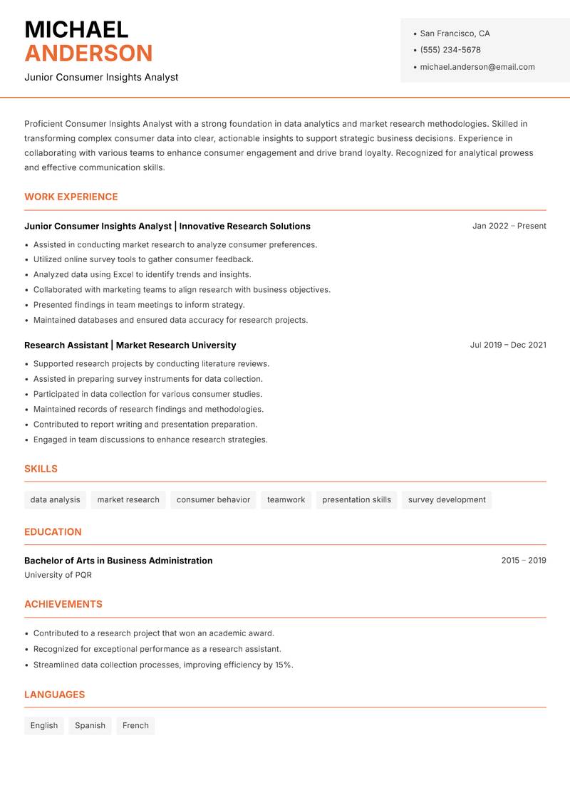 Consumer Insights Analyst resume sample — Junior Consumer Insights Analyst focus
