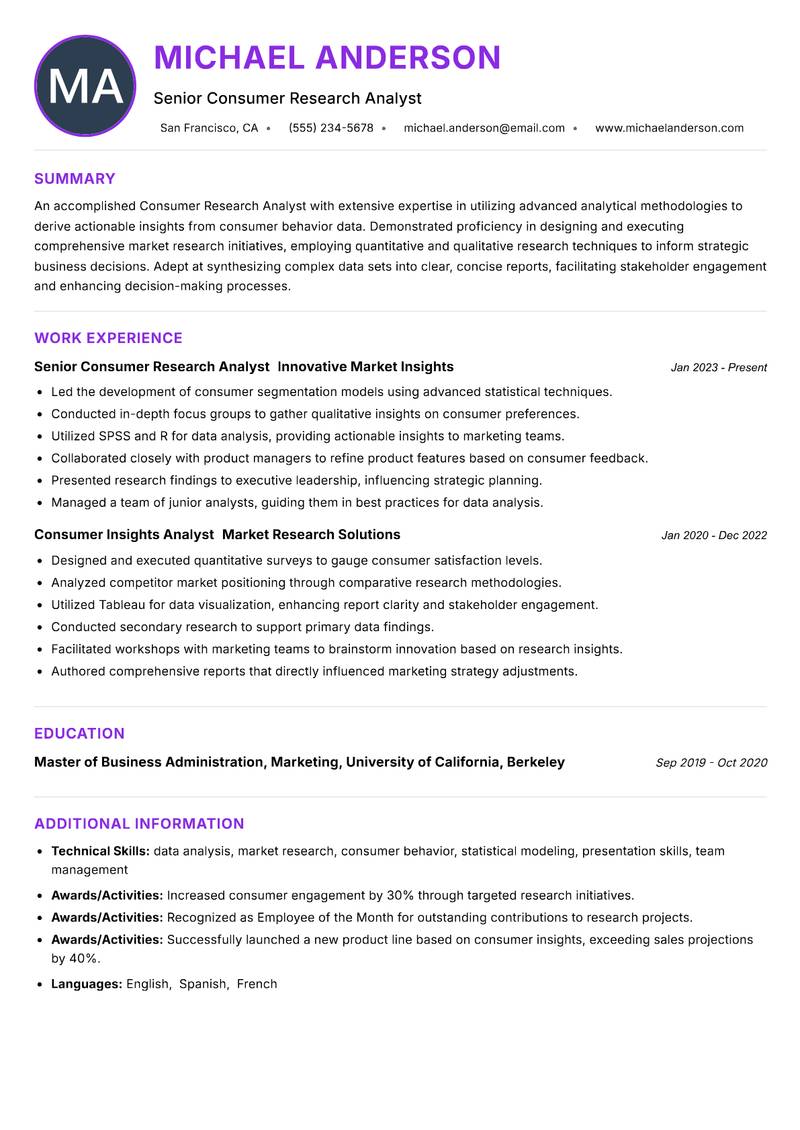 Consumer Research Analyst resume example