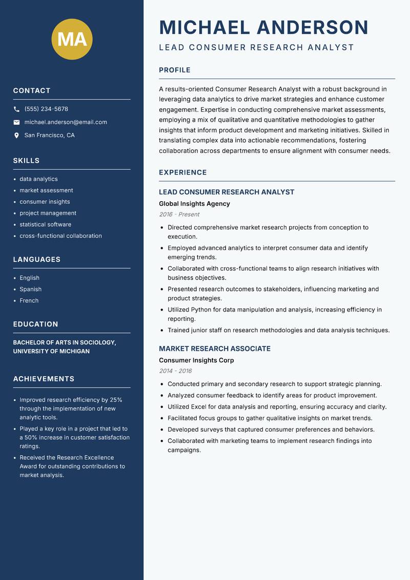 Consumer Research Analyst resume sample — Lead Consumer Research Analyst focus