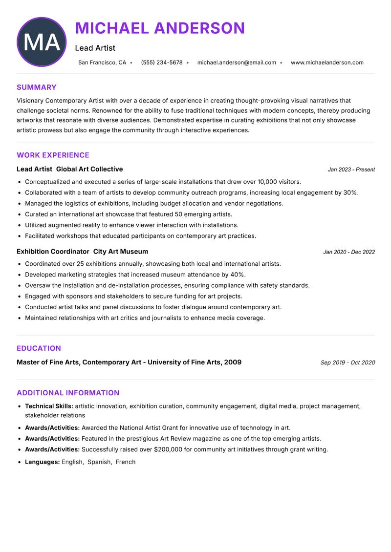 Contemporary Artist resume example