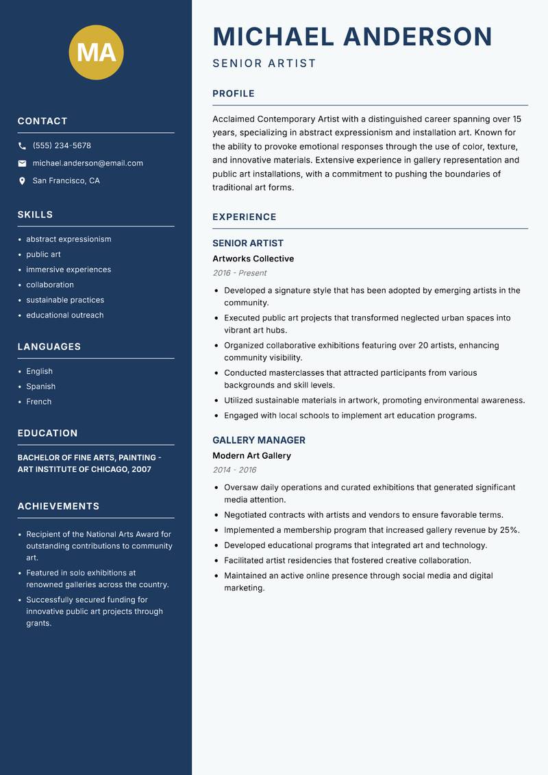 Contemporary Artist resume sample — Senior Artist focus