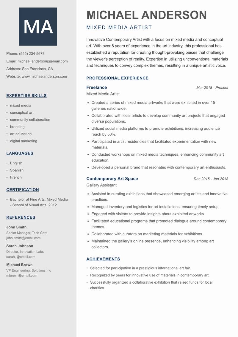 Contemporary Artist resume sample — Mixed Media Artist focus