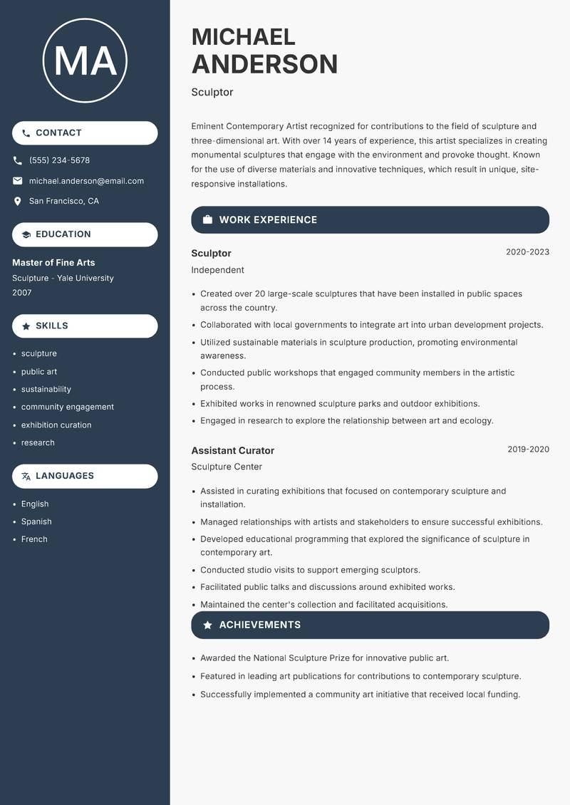 Contemporary Artist resume sample — Sculptor focus