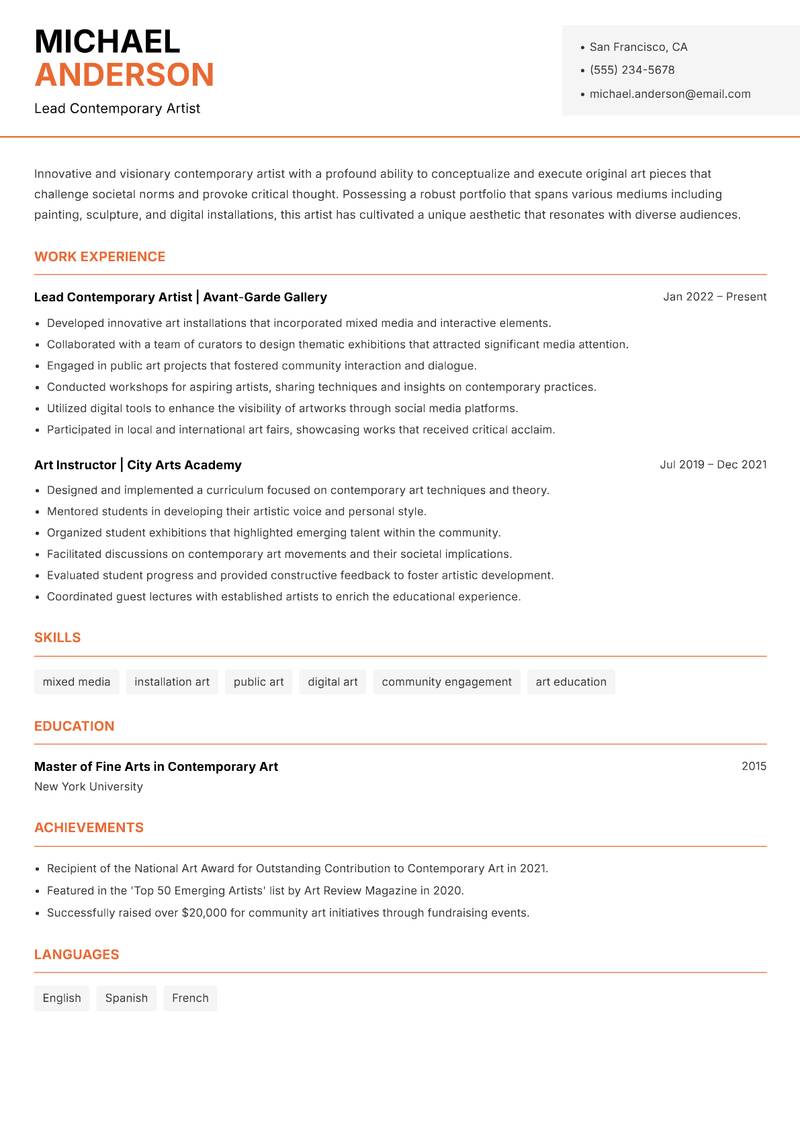 Contemporary Artist resume sample — Lead Contemporary Artist focus