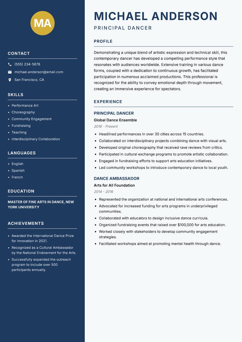 Contemporary Dancer resume sample — Principal Dancer focus