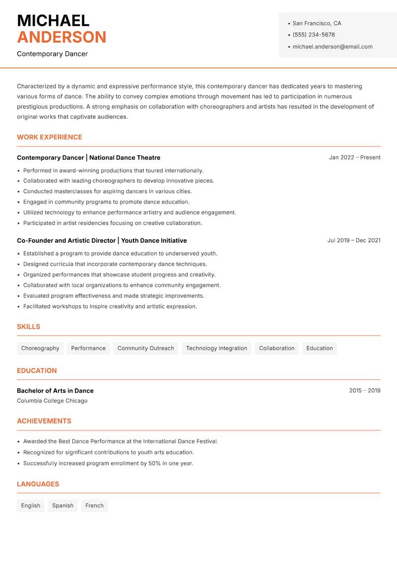 Contemporary Dancer resume sample — Contemporary Dancer focus