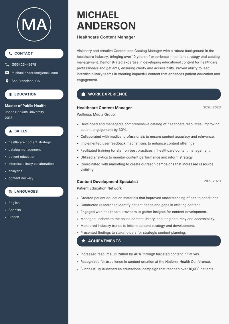 Content and Catalog Manager resume sample — Healthcare Content Manager focus