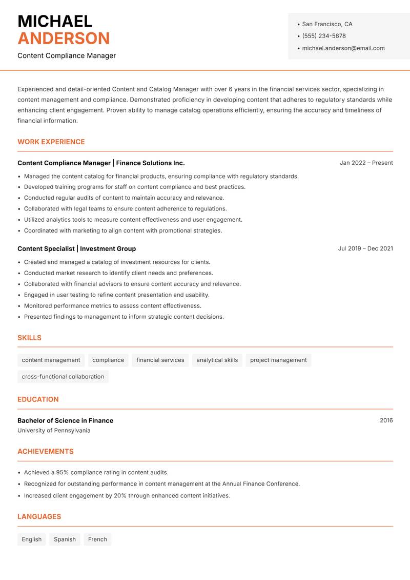 Content and Catalog Manager resume sample — Content Compliance Manager focus