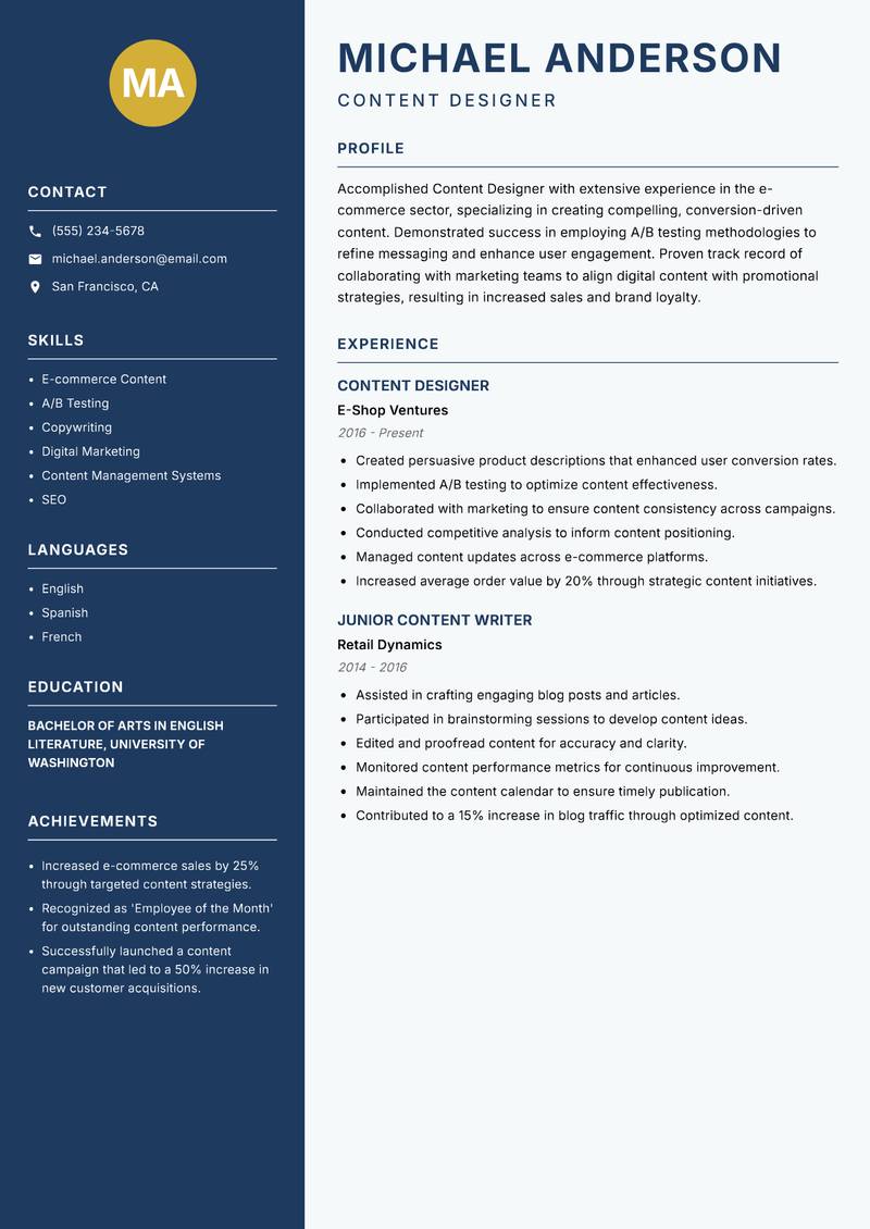 Content Designer resume sample — Content Designer focus