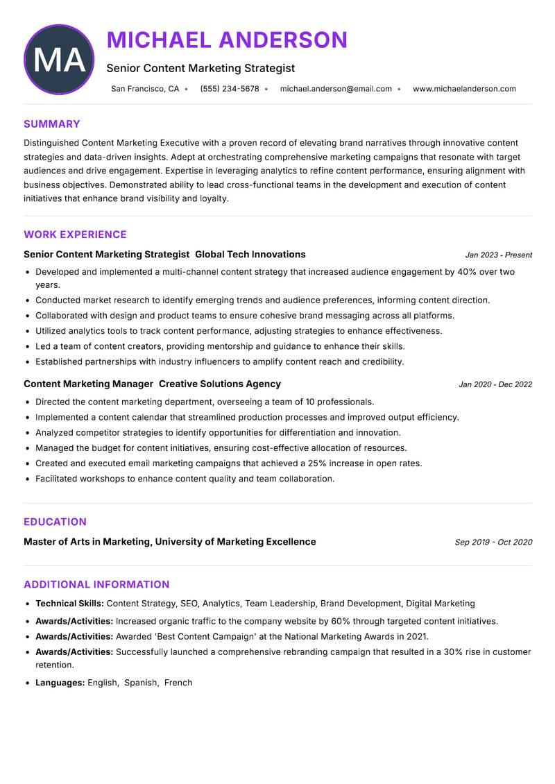 Content Marketing Executive resume example