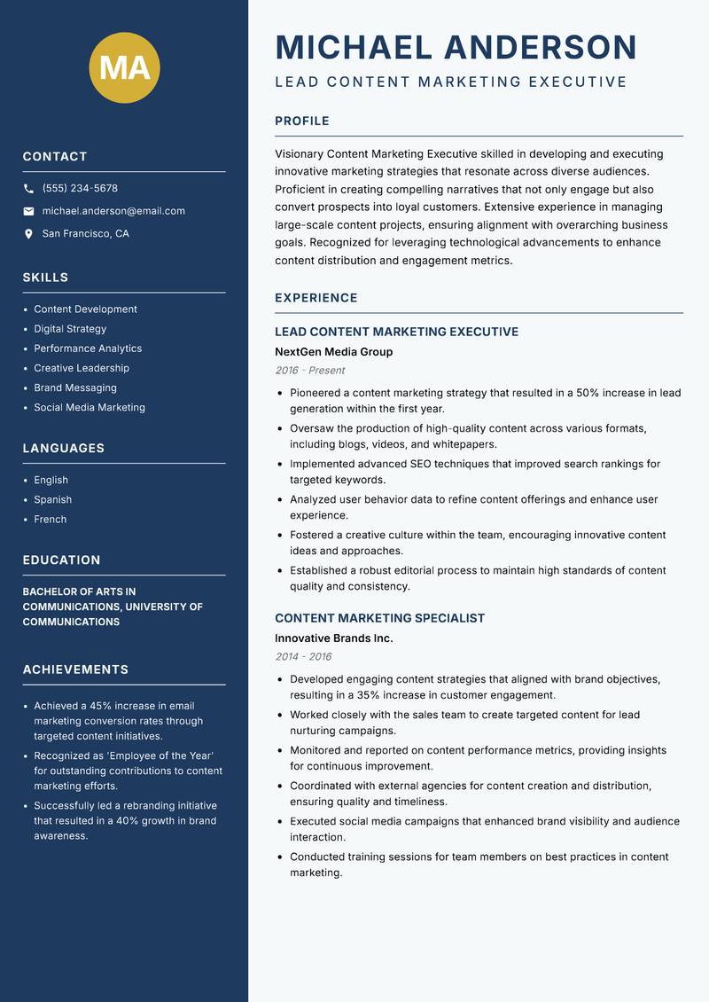 Content Marketing Executive resume sample — Lead Content Marketing Executive focus