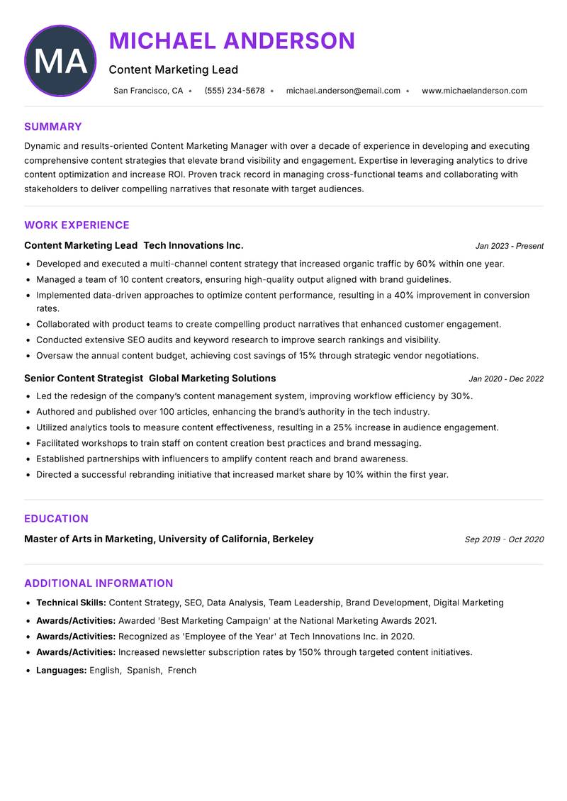 Content Marketing Manager resume example