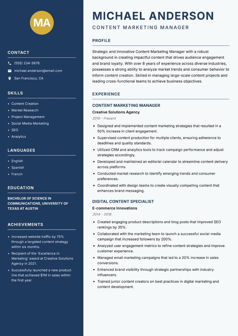 Content Marketing Manager resume sample — Content Marketing Manager focus