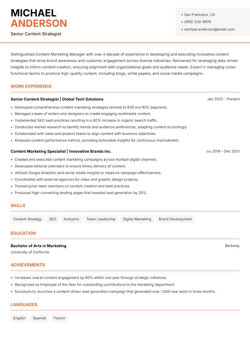 Content Marketing Manager resume sample — Senior Content Strategist focus